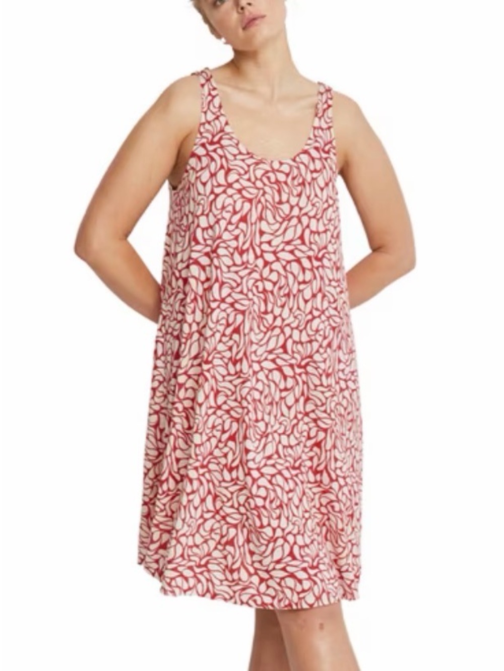 Red & Cream Printed Rayon Sleeveless Dress